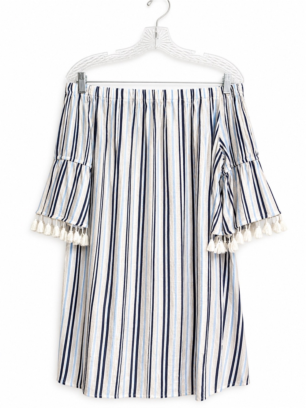 Magnolia Skye Off-Shoulder Blue & White Striped Mini Dress with Tassel Trim